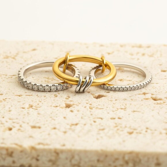 Elegant 18k Gold Plated Mixed Metals Stackable Rings Set with Cubic Zirconia for - Picture 5 of 6